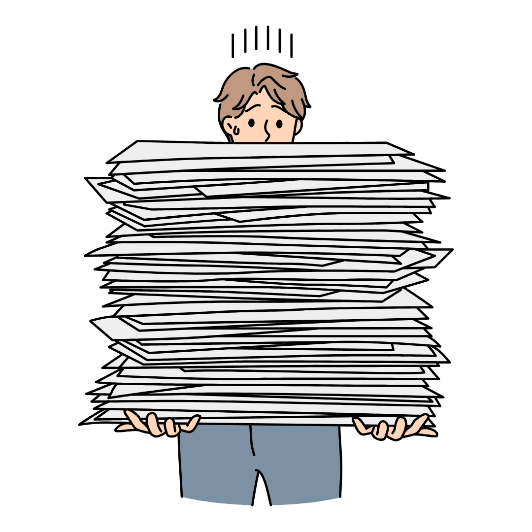 Man looking overwhelmed holding a stack of papers